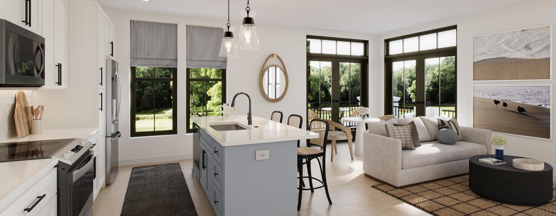 a kitchen and living room