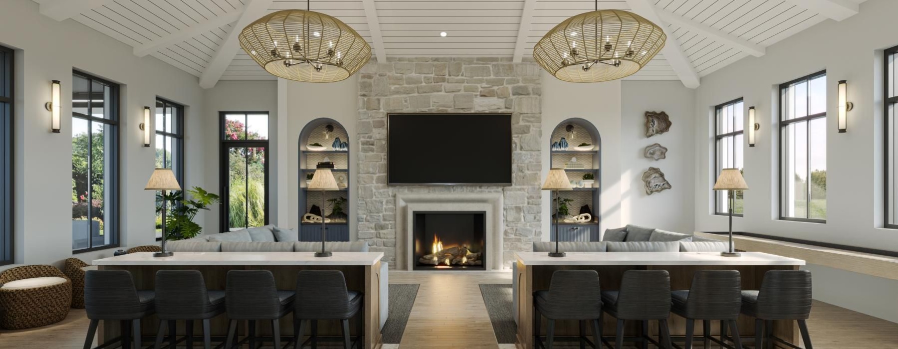 a room with a fireplace and tables