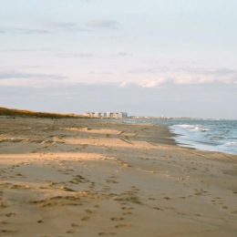 a beach with a body of water and a building in the distance